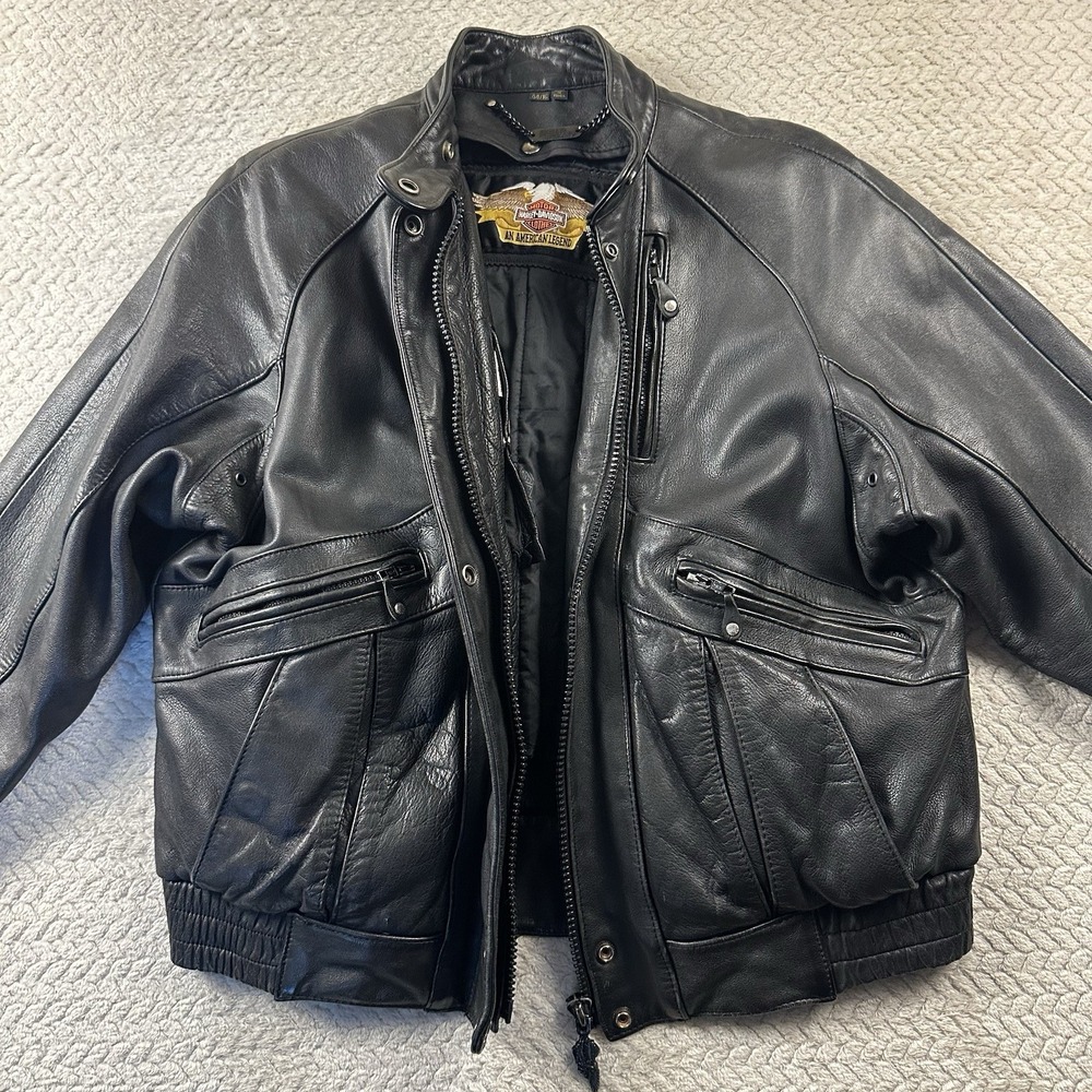 Vintage Harley Davidson Leather Motorcycle Jacket Black Mens 44 Biker punk Metal